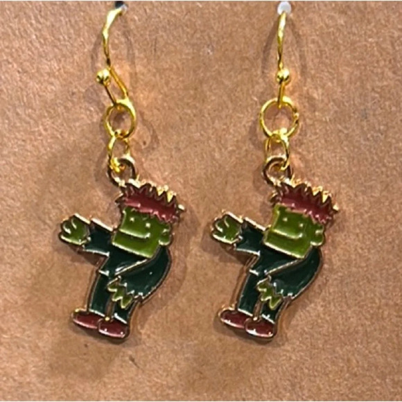 Handmade Quirky Cute Frankenstein Earrings Dangle Green & Gold NWT Halloween - Picture 4 of 4